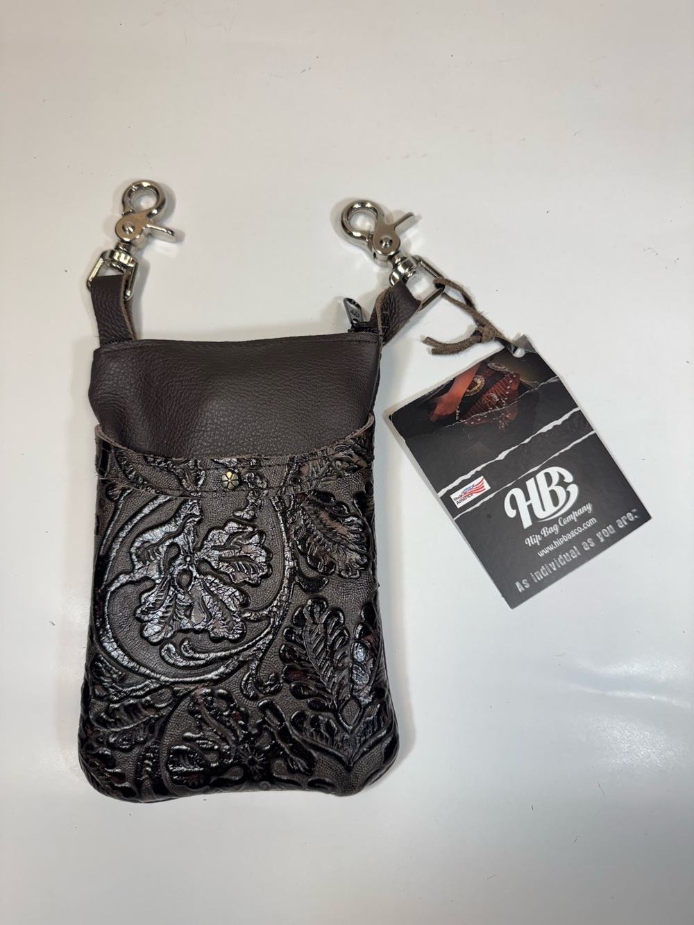 HB Embossed Floral Leather Clip-On Pouch - Chocolate